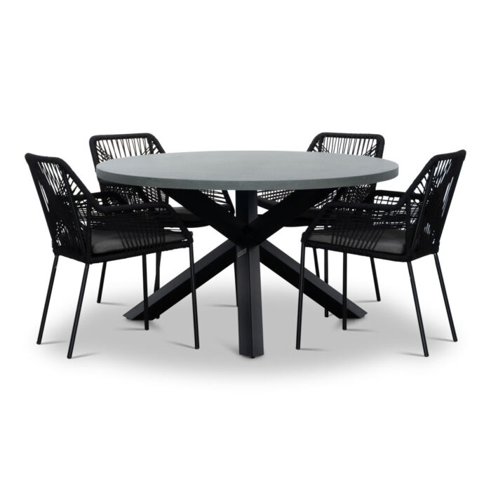 BUITEN living Meran/Seville zwart dining tuinset | 4 personen | betonlook + touw | 135cm rond – Grijs
