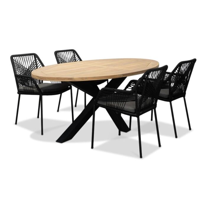 LUX outdoor living Cleve/Seville zwart dining tuinset | 4 personen | teakhout + touw | 200cm ovaal – Grijs