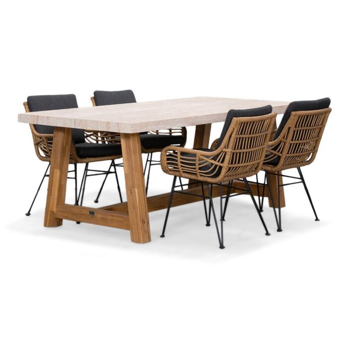 BUITEN living Velora/Carlos antraciet dining tuinset | 4 personen | travertin + wicker | 200cm