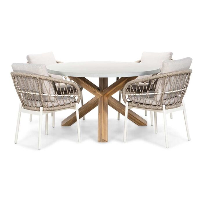 BUITEN living Nancy/Dakota beige/wit dining tuinset | 4 personen | betonlook + touw | 135cm rond – Taupe – Naturel – Bruin, Light Teak, Betonlook