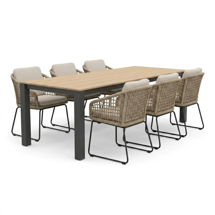 LUX outdoor living Manhattan antraciet/Tulum Sahara Dust dining tuinset | 6 personen | polywood + touw | 240cm
