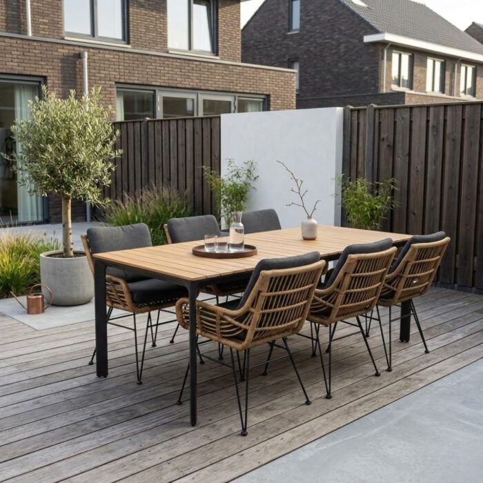 Lesli Living Arezzo/Carlos antraciet dining tuinset | 6 personen | 200cm – Taupe – Naturel – Bruin, Light Teak, Zwart