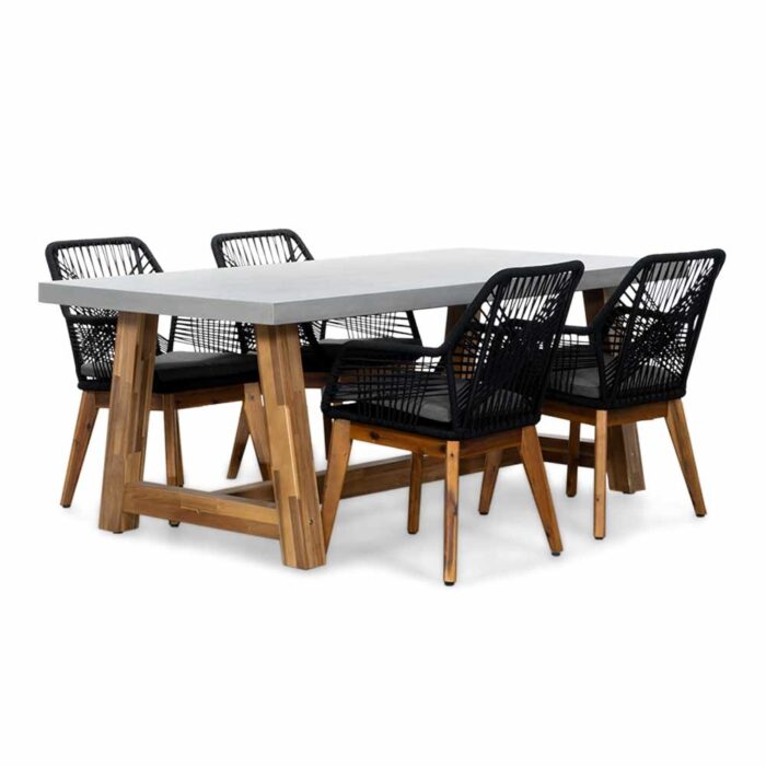 BUITEN living Veltis/Seville zwart hout dining tuinset | 4 personen | betonlook + touw | 200cm – Lichtgrijs, Betonlook, Zwart