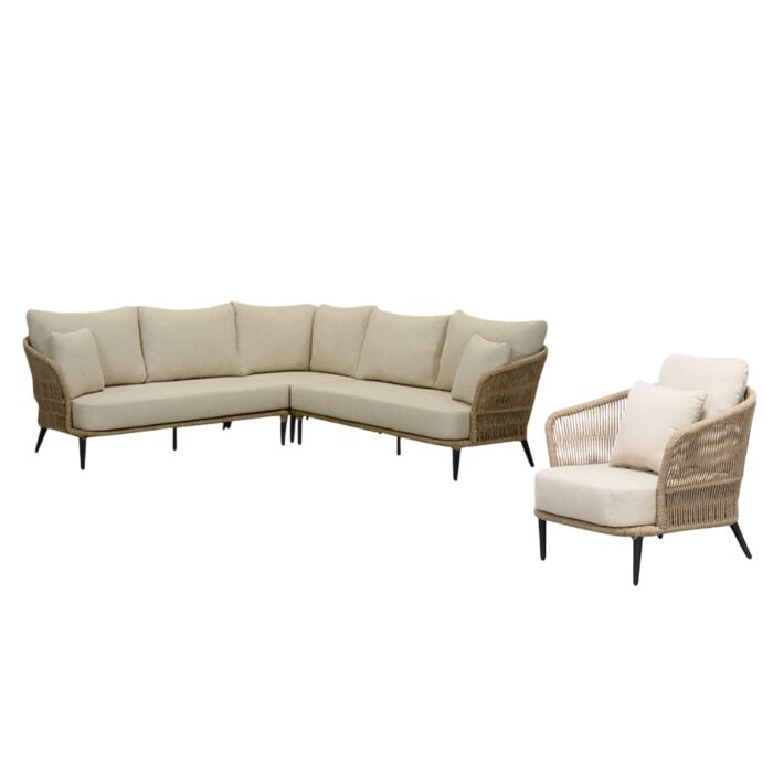 BUITEN living Palermo hoek loungeset met stoel 5 personen | aluminium + touw | Sahara Dust | 4-delig 230x230cm – Taupe – Naturel – Bruin, Beige
