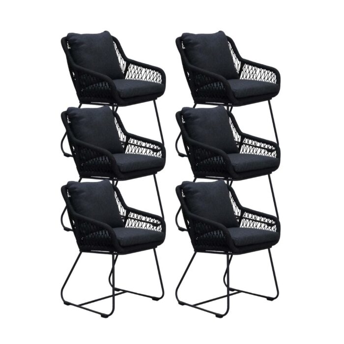 BUITEN living Portofino dining tuinstoel set van 6 | touw + RVS | zwart