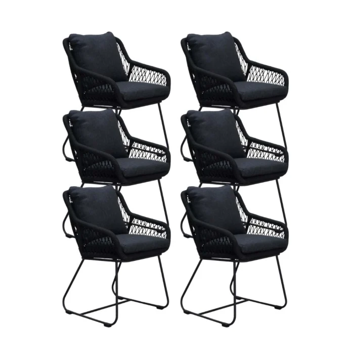 BUITEN living Portofino dining tuinstoel set van 6 | touw + RVS | zwart