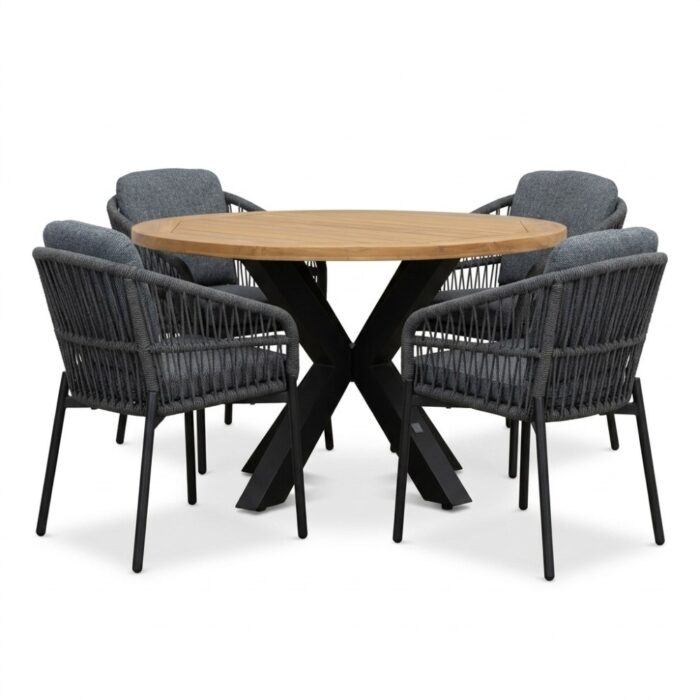 LUX outdoor living Cleve/Rico charcoal dining tuinset | 4 personen | teakhout + aluminium | 120cm rond – Natural Teak