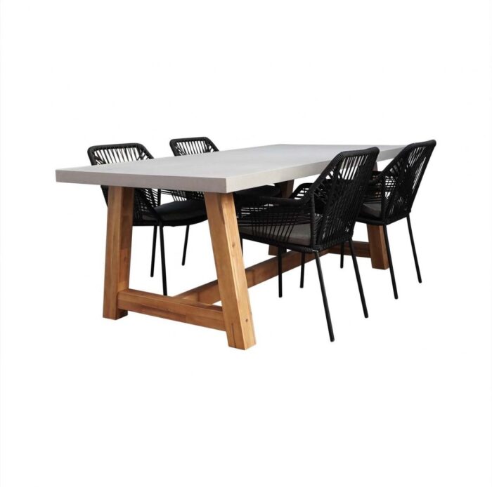 BUITEN living Veltis/Seville zwart dining tuinset | 4 personen | betonlook + touw | 200cm – Betonlook, Zwart