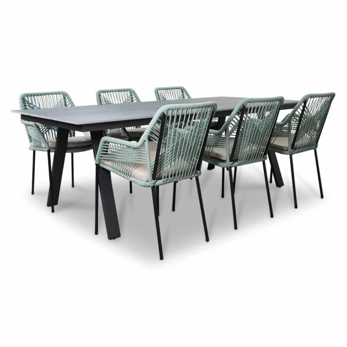LUX outdoor living Oslo Grey/Seville mint dining tuinset | 6 personen | polywood + touw | 220cm – Light Teak, Groen