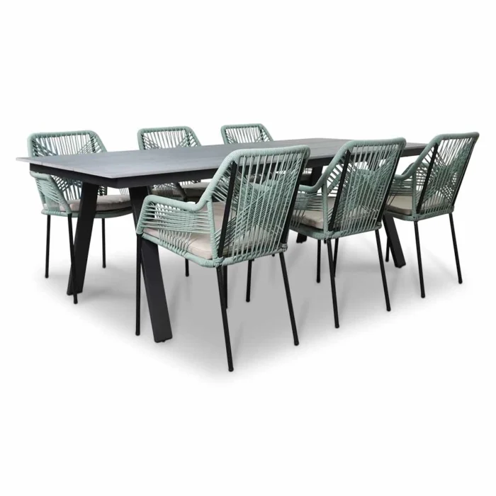LUX outdoor living Oslo Grey/Seville mint dining tuinset | 6 personen | polywood + touw | 220cm - Light Teak, Groen