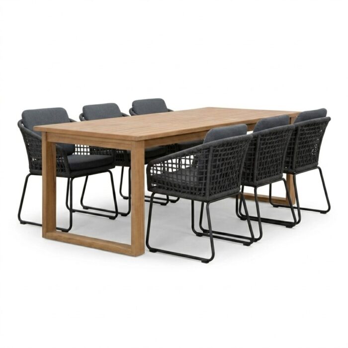 BUITEN living Corfu/Tulum Lava Grey dining tuinset | 6 personen | teakhout + touw | 200cm – Natural Teak
