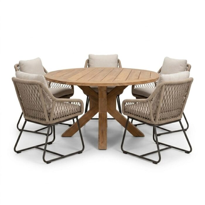 BUITEN living Genua/Portofino Sahara Dust dining tuinset | 5 personen | teakhout + touw | 140cm – Natural Teak