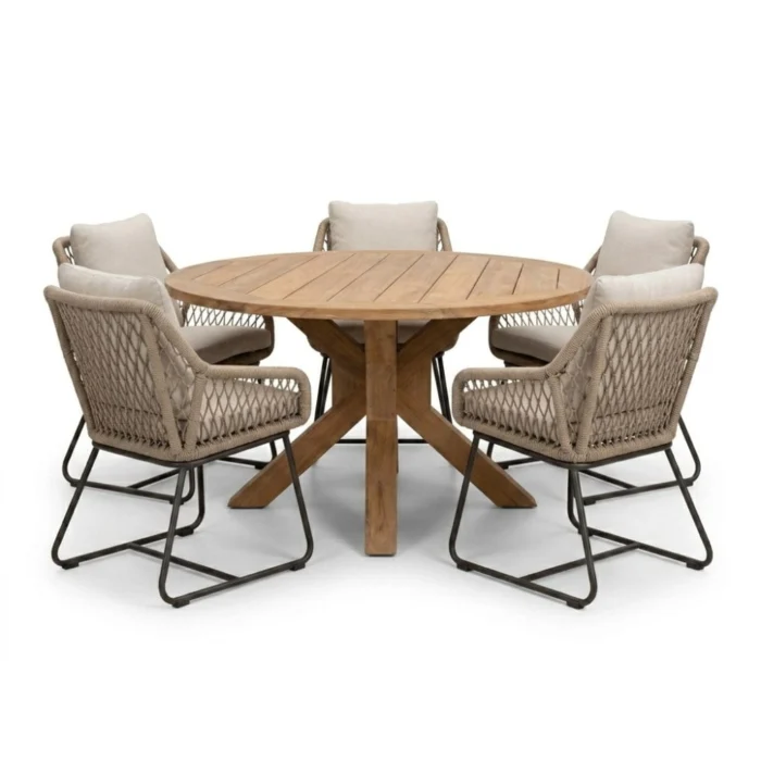 BUITEN living Genua/Portofino Sahara Dust dining tuinset | 5 personen | teakhout + touw | 140cm - Natural Teak