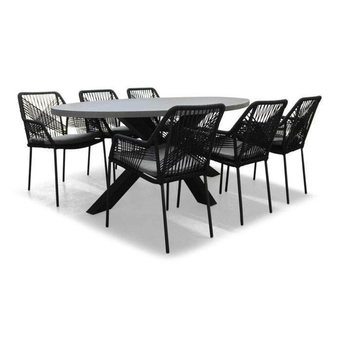 BUITEN living Stockholm/Seville zwart dining tuinset | 6 personen | betonlook + touw | 200cm – Antraciet