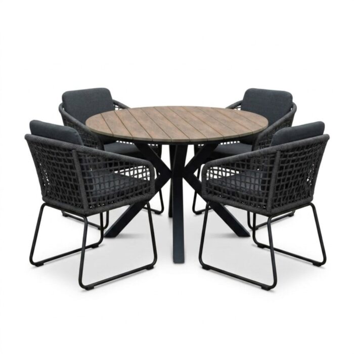 LUX outdoor living Cervo bruin/Tulum Lava Grey dining tuinset | 4 personen | polywood + touw | 120cm rond – Grijs