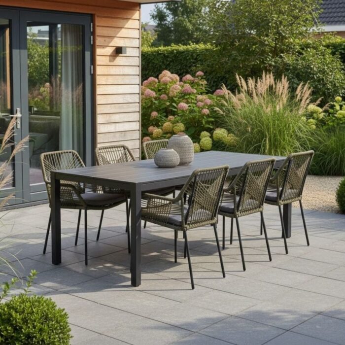 LUX outdoor living Manchester/Seville olijfgroen dining tuinset | 6 personen | aluminium + touw | 205cm – Olijfgroen, Zwart