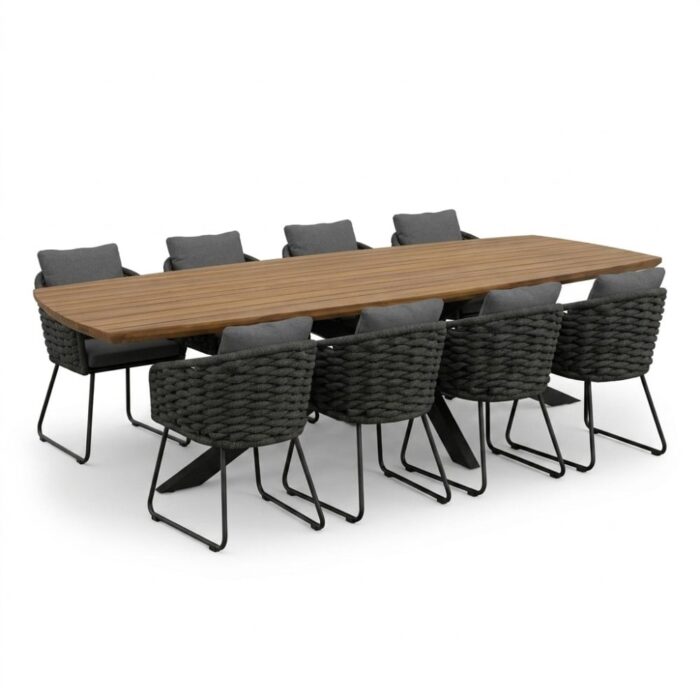LUX outdoor living Salo/Flora Stone Grey dining tuinset | 8 personen | hardhout + touw | 280cm Deens – Grijs