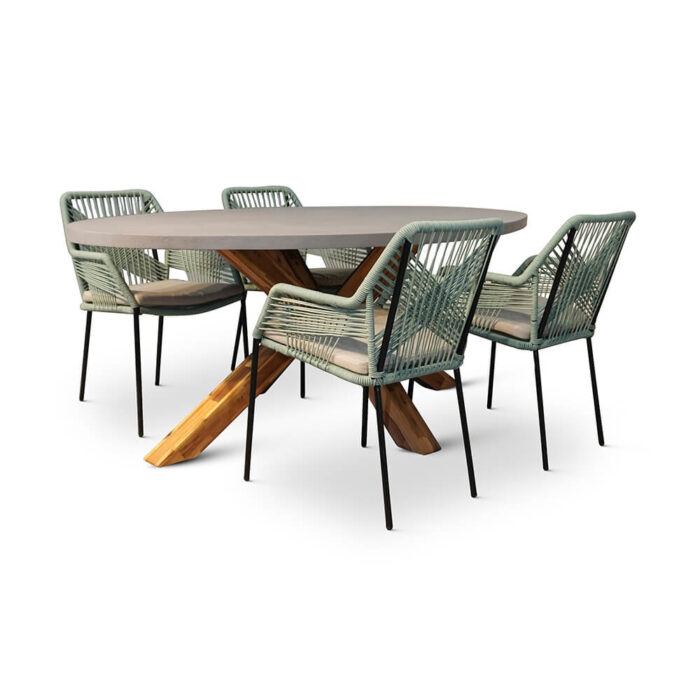 BUITEN living Livorno/Seville mint dining tuinset | 4 personen | betonlook + hardhout | 200cm ovaal – Betonlook, Mint