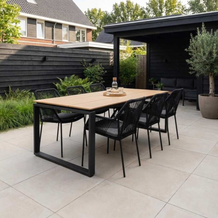 LUX outdoor living Helsinki Natural/Seville zwart dining tuinset | 6 personen | polywood + touw | 210cm – Light Teak, Zwart
