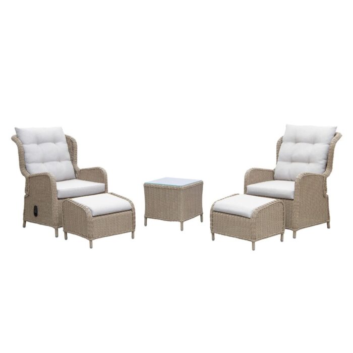 Denza Furniture Glasgow lounge balkonset verstelbaar 2 personen | wicker + aluminium | Royal Sand | 5-delig – Taupe – Naturel – Bruin