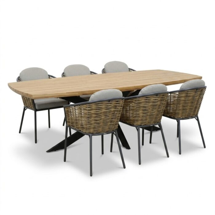 LUX outdoor living Salo/Lucca dining tuinset | 6 personen | hardhout + wicker | 240cm Deens – Zand