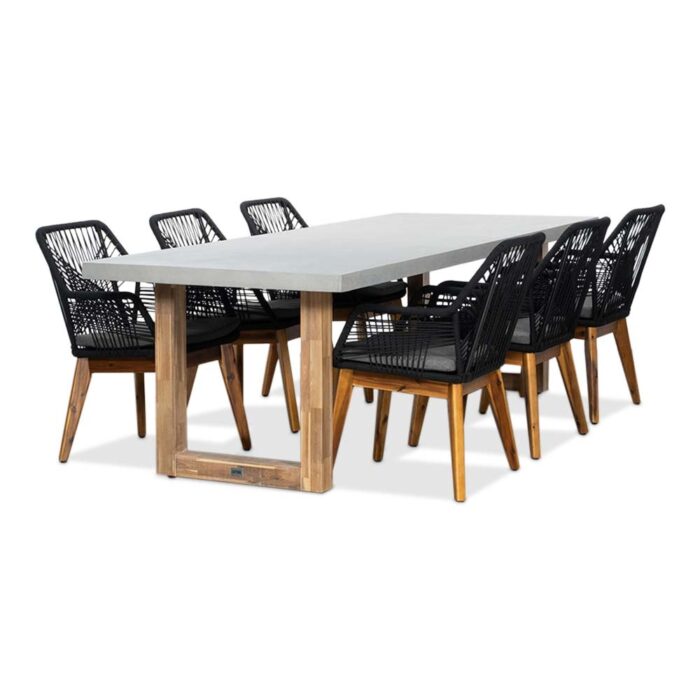 BUITEN living Lausanne/Seville hout zwart dining tuinset | 6 personen | betonlook + touw | 250cm – Light Teak, Betonlook, Zwart