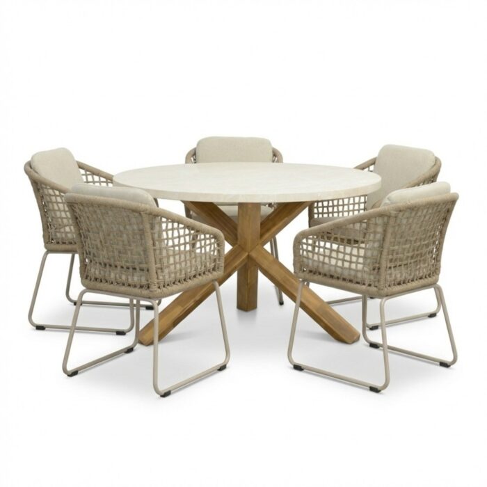 BUITEN living Lucy/Tulum Sandstone dining tuinset | 5 personen | polystone + touw | 135cm