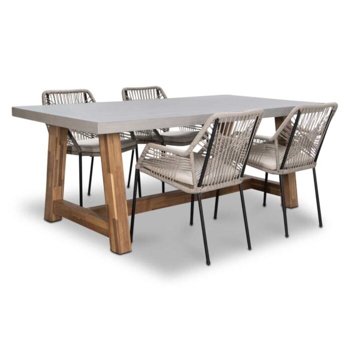 BUITEN living Veltis/Seville zand dining tuinset | 4 personen | betonlook + touw | 200cm – Lichtgrijs, Taupe – Naturel – Bruin, Betonlook