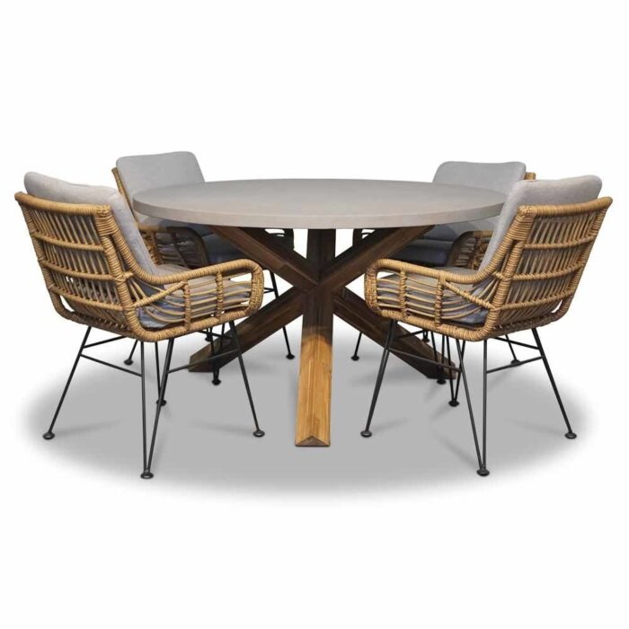 BUITEN living Nancy/Carlos taupe dining tuinset | 4 personen | betonlook + wicker | 135cm – Taupe – Naturel – Bruin, Betonlook