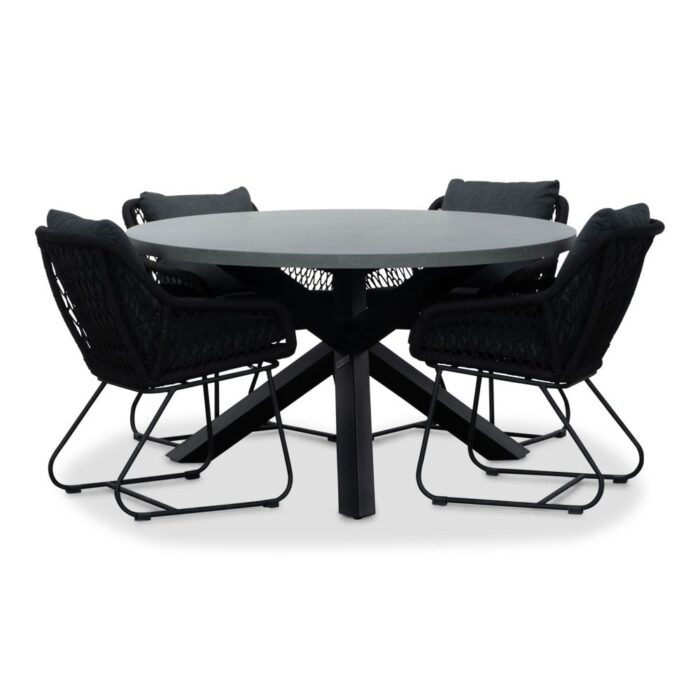 BUITEN living Meran/Portofino zwart dining tuinset | 4 personen | betonlook + touw | 135cm rond
