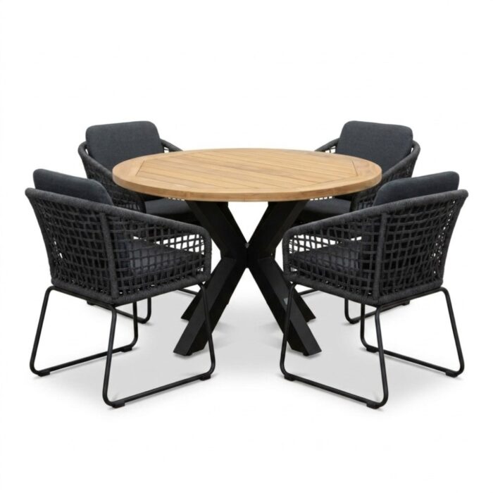 LUX outdoor living Cleve antraciet/Tulum Lava Grey dining tuinset | 4 personen | teakhout + touw | 120cm rond