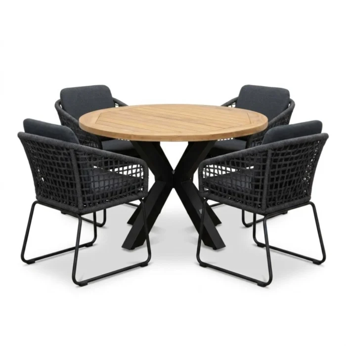 LUX outdoor living Cleve antraciet/Tulum Lava Grey dining tuinset | 4 personen | teakhout + touw | 120cm rond