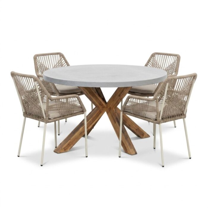 BUITEN living Nancy/Seville beige dining tuinset | 4 personen | polystone + touw | Ø135cm rond
