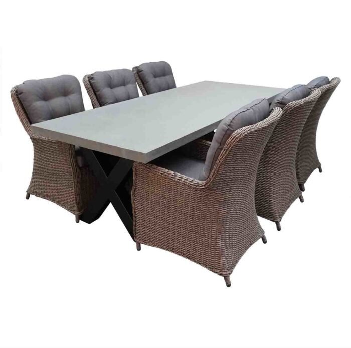 BUITEN living Lyon/Madrid Ash Grey dining tuinset | 6 personen | betonlook + wicker | 250cm – Antraciet