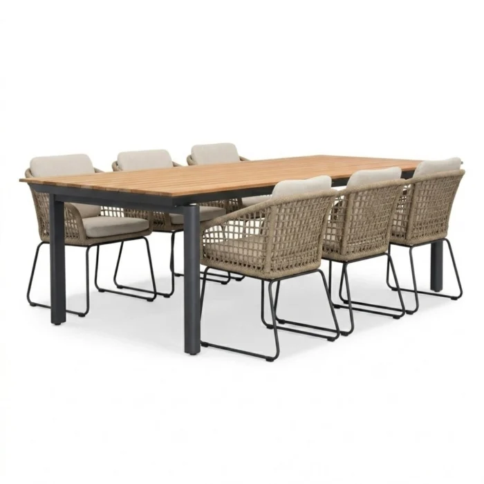 LUX outdoor living Montana/Tulum Sahara Dust dining tuinset | 6 personen | aluminium + touw | 240x100cm - Natural Teak