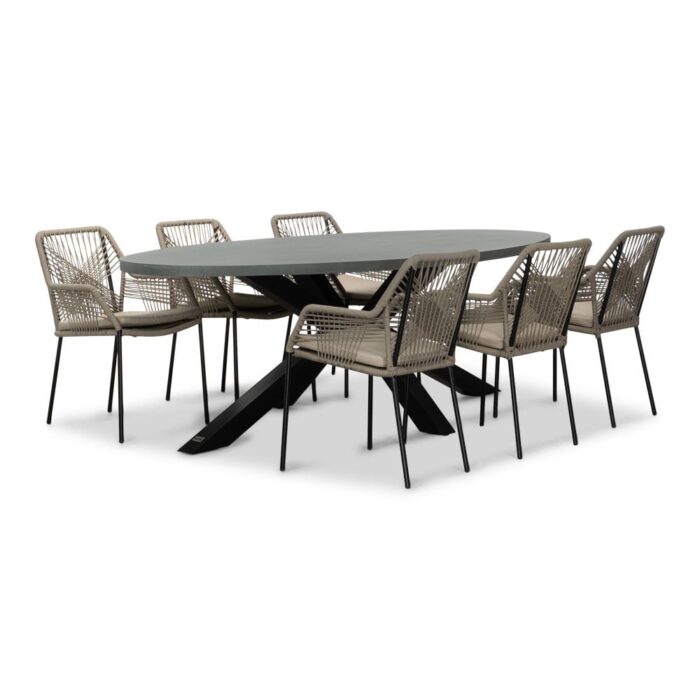 BUITEN living Stockholm/Seville zand dining tuinset | 6 personen | betonlook + touw | 240cm ovaal – Zwart