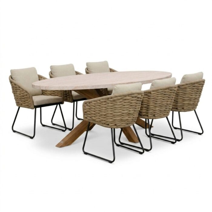 BUITEN living Lorento/Flora Sahara Dust dining tuinset | 6 personen | polystone + touw | 240cm – Travertin