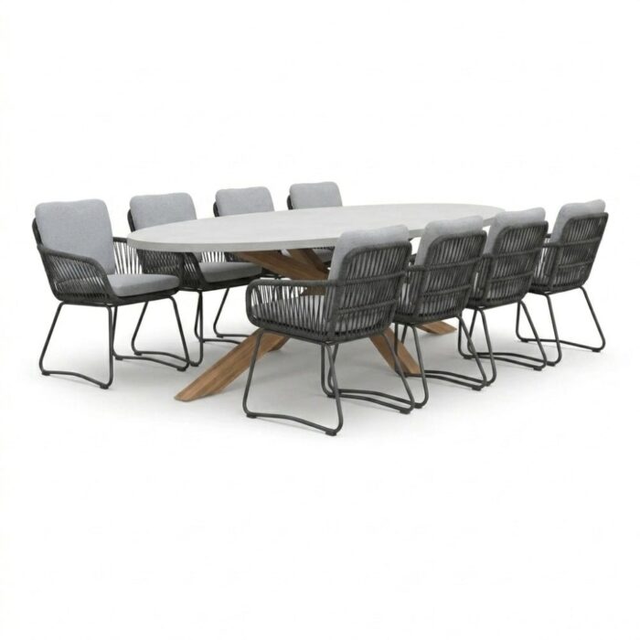 BUITEN living Livorno/Harper Stone Grey dining tuinset | 8 personen | polystone + touw | 280cm – Betonlook
