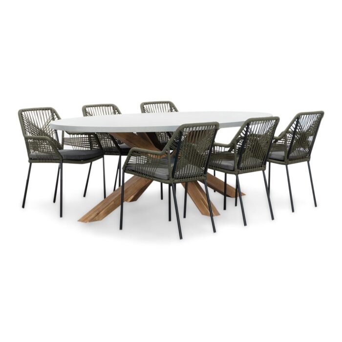 BUITEN living Livorno/Seville olijfgroen dining tuinset | 6 personen | betonlook + touw | 240cm ovaal – Light Teak, Olijfgroen, Betonlook
