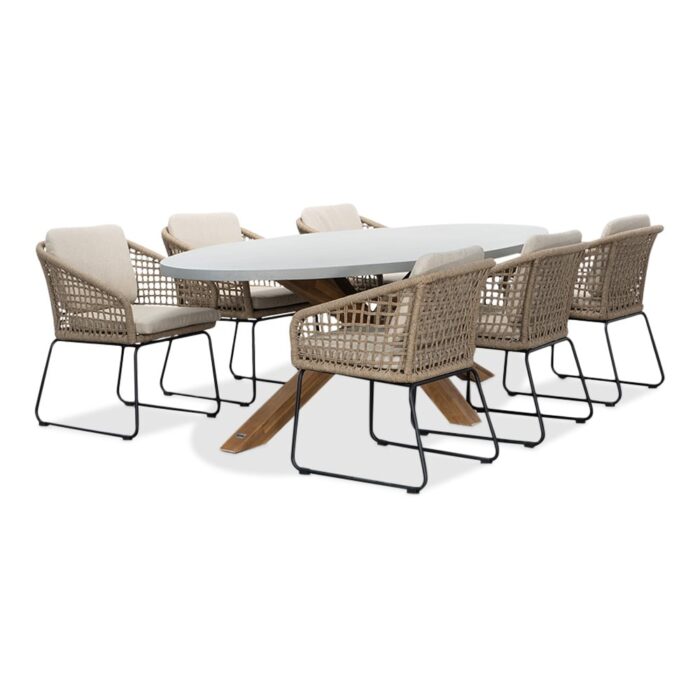 BUITEN living Livorno/Tulum Sahara Dust dining tuinset | 6 personen | betonlook + touw | 240cm ovaal – Zand