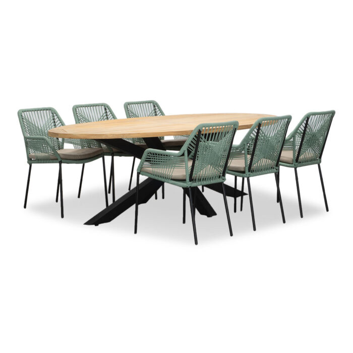 LUX outdoor living Cleve/Seville mint dining tuinset | 6 personen | teakhout + touw | 240cm ovaal – Zwart
