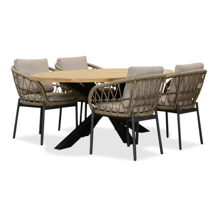 LUX outdoor living Cleve/Dakota beige/antraciet dining tuinset | 4 personen | teakhout + touw | 200cm ovaal – Zand
