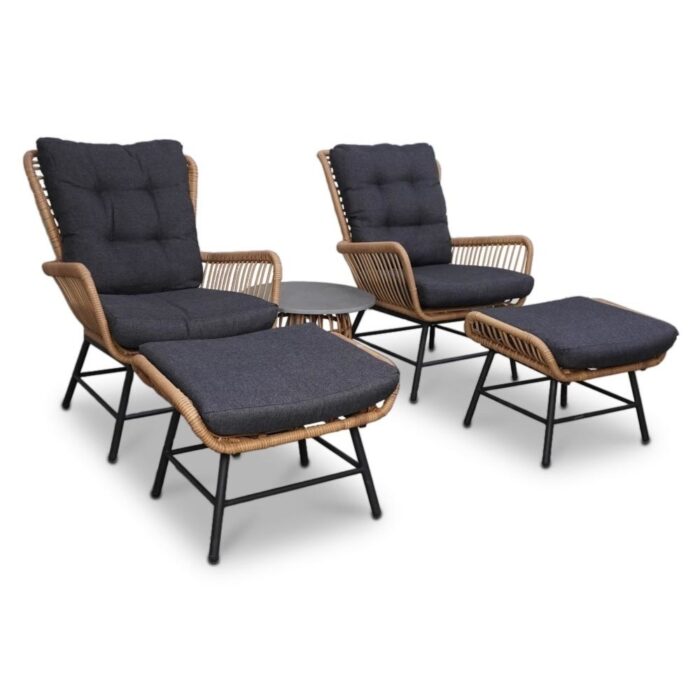 BUITEN living Dex lounge balkonset 2 personen | wicker + aluminium | Bamboo antraciet | 5-delig – Taupe – Naturel – Bruin