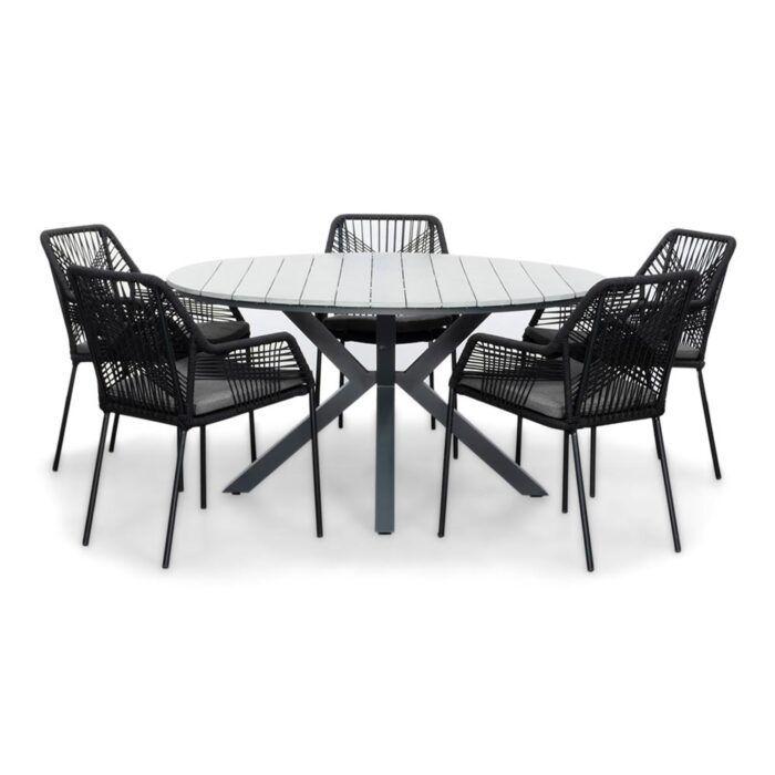 LUX outdoor living Cervo Grey/Seville zwart dining tuinset | 5 personen | polywood + touw | 144cm rond – Zwart, Grijs