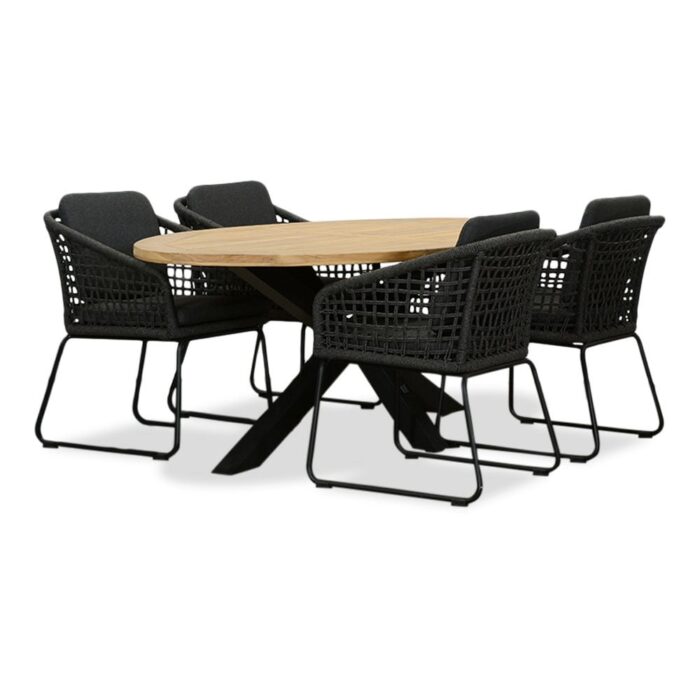 LUX outdoor living Cleve/Tulum Lava Grey dining tuinset | 4 personen | teakhout + touw | 200cm ovaal – Grijs