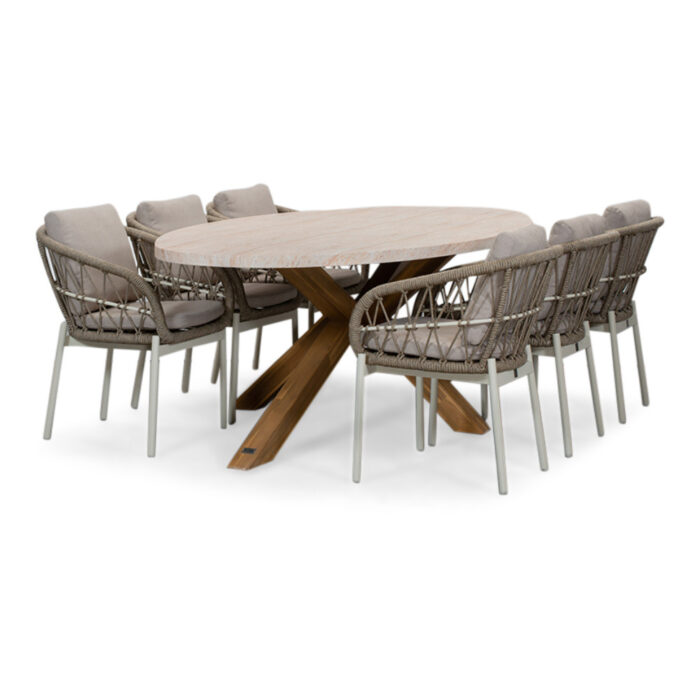 BUITEN living Lorento/Dakota beige/wit dining tuinset | 6 personen | travertin + touw | 240cm – Zwart