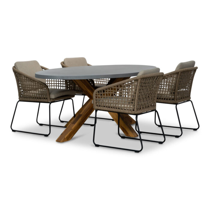 BUITEN living Livorno/Tulum Sahara Dust dining tuinset | 4 personen | betonlook + touw | 200cm ovaal – Zand