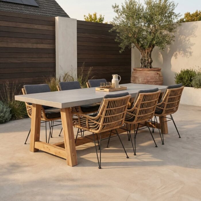 BUITEN living Veltis/Carlos antraciet dining tuinset | 6 personen | betonlook + wicker | 250cm – Light Teak, Betonlook, Antraciet