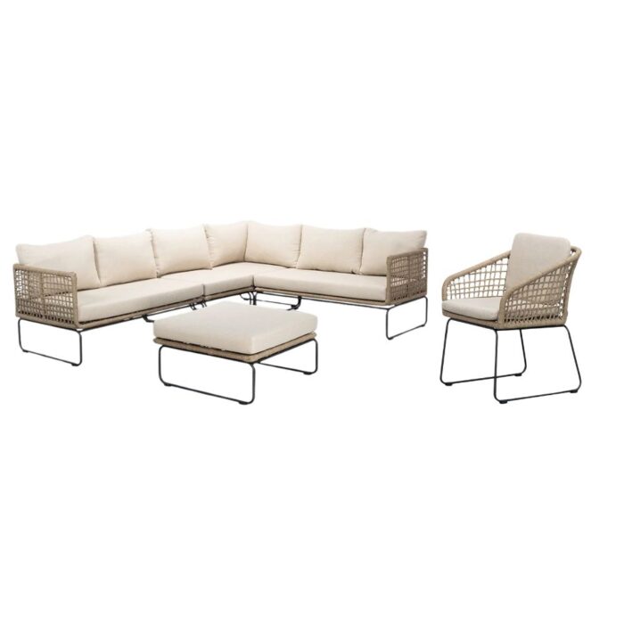 BUITEN living Tulum hoek loungeset met tussenmodule & stoel 7 personen | rvs + touw | Sahara Dust | 5-delig 261x211cm