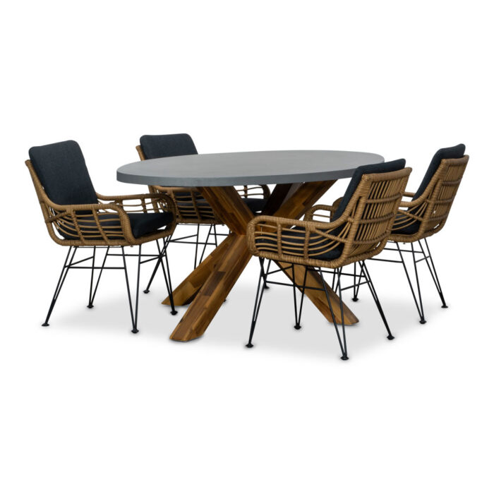 BUITEN living Livorno/Carlos antraciet dining tuinset | 4 personen | betonlook + wicker | 200cm ovaal – Light Teak, Betonlook, Antraciet
